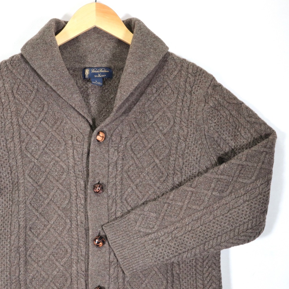 Brooks Brothers Cardigan Women L Brown Cable Knit Saxon Wool Shawl Collar Casual